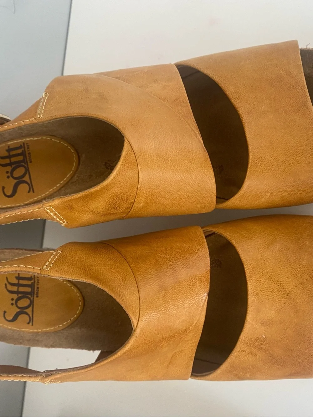 Sofft Mustard/Tan Embroidered Cork Wedge Sandal